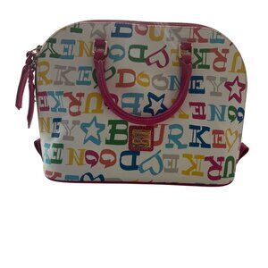 Dooney & Bourke Multicolor Logo Canvas Satchel With Pink Leather Trim & Dust Bag